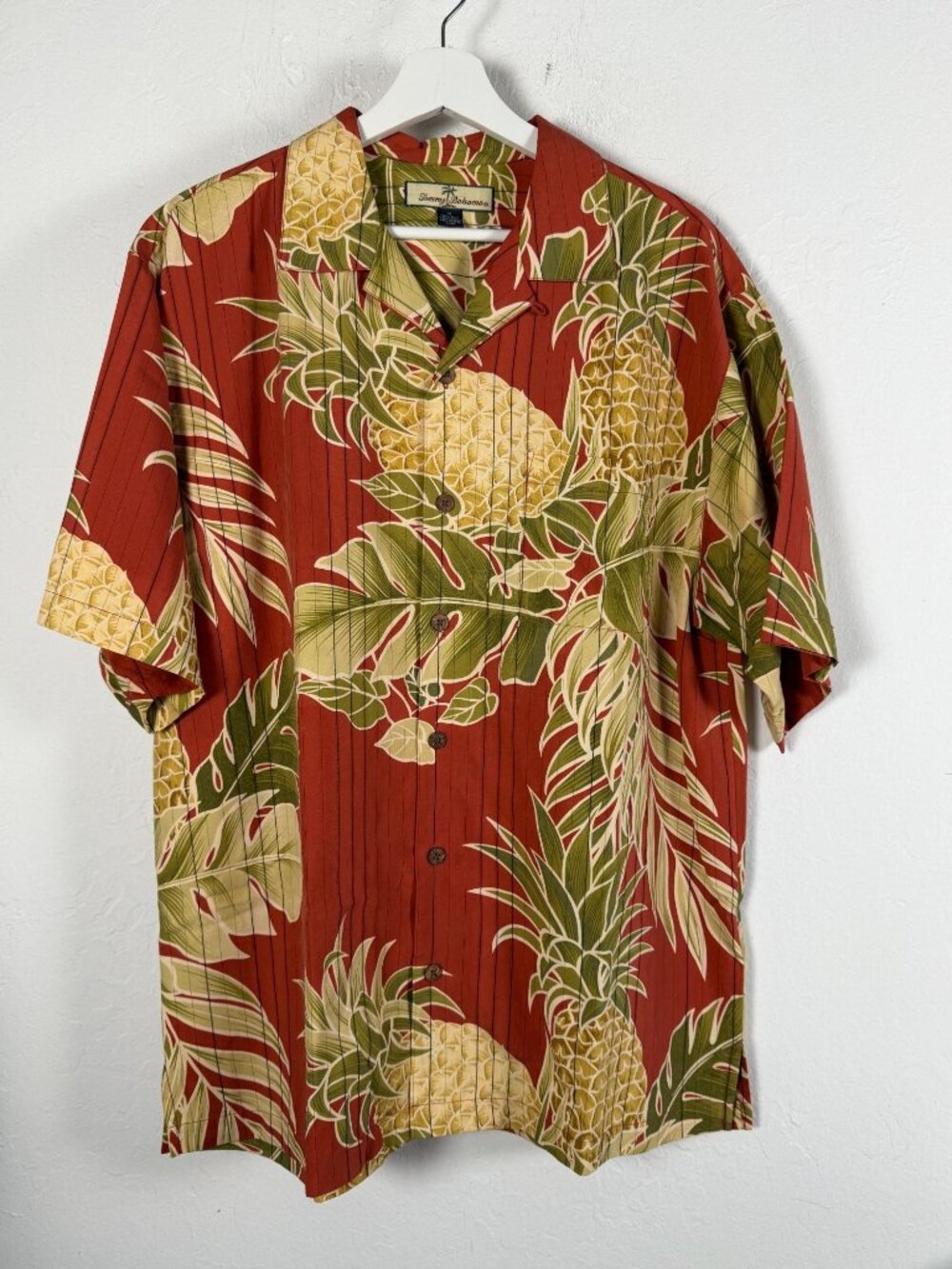 Tommy Bahama Shirt Mens Silk Pineapple Pinstripe Terracotta Hawaiian Camp Medium